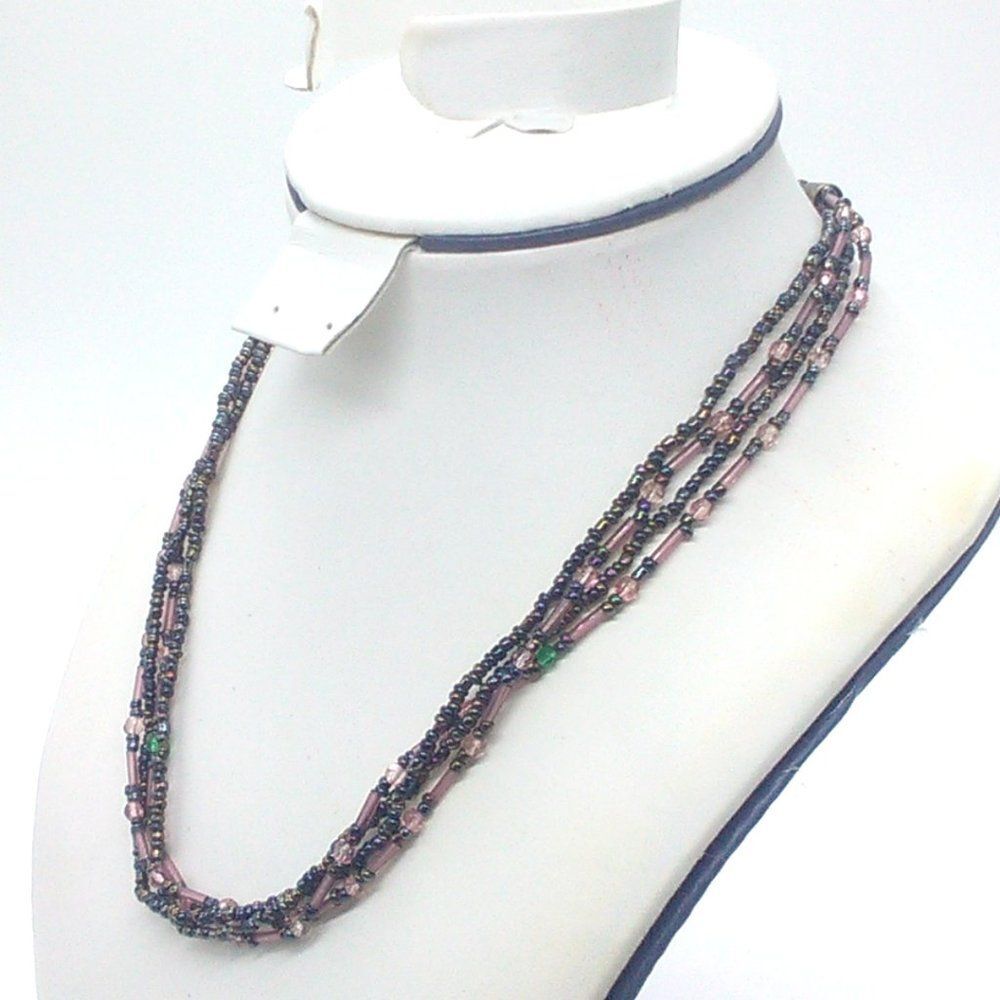 Premier Designs Seed Bead Necklace Glass Multi-Strand Gunmetal Gray Pink